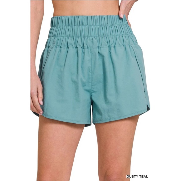 Pants - DUSTY TEAL WINDBREAKER SMOCKED WAISTBAND RUNNING SHORTS